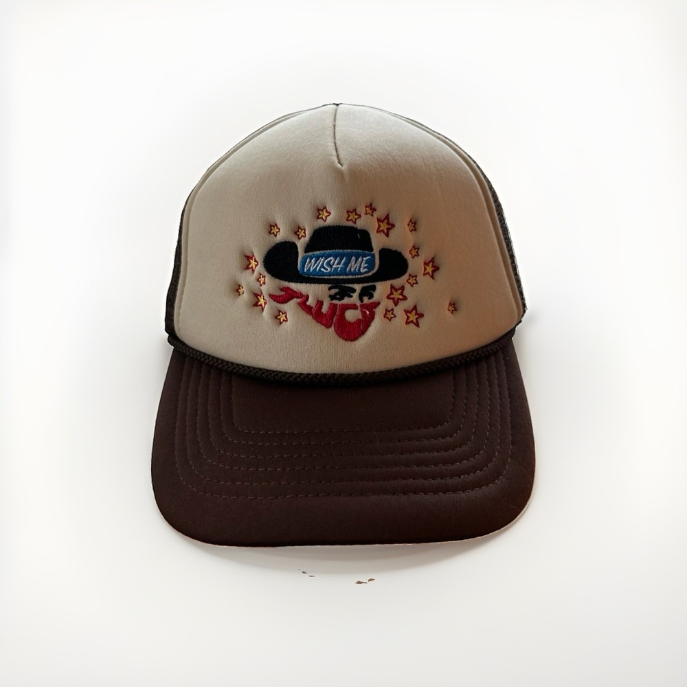Wish Me Luck Hat Snapback Trucker Mesh Brown Beige Streetwear Cowboy Logo Men